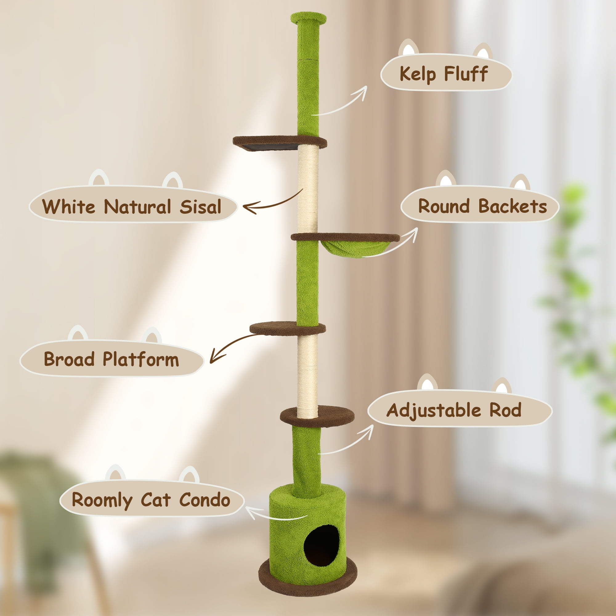 LHBCraft Floor to Ceiling Cat Tree, Cat Tower 5-Tier Height(88-107 Inches) Adjustable, Tall Cat Climbing Tower with Scratching Post, Cat Cave Condo, Cozy Hammock and Ball Toy for Indoor Cats