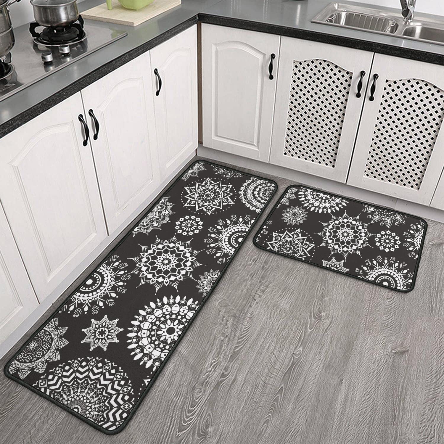 Boho Modern Kitchen Rugs and Mats 2 Pieces,Black and White Boho
