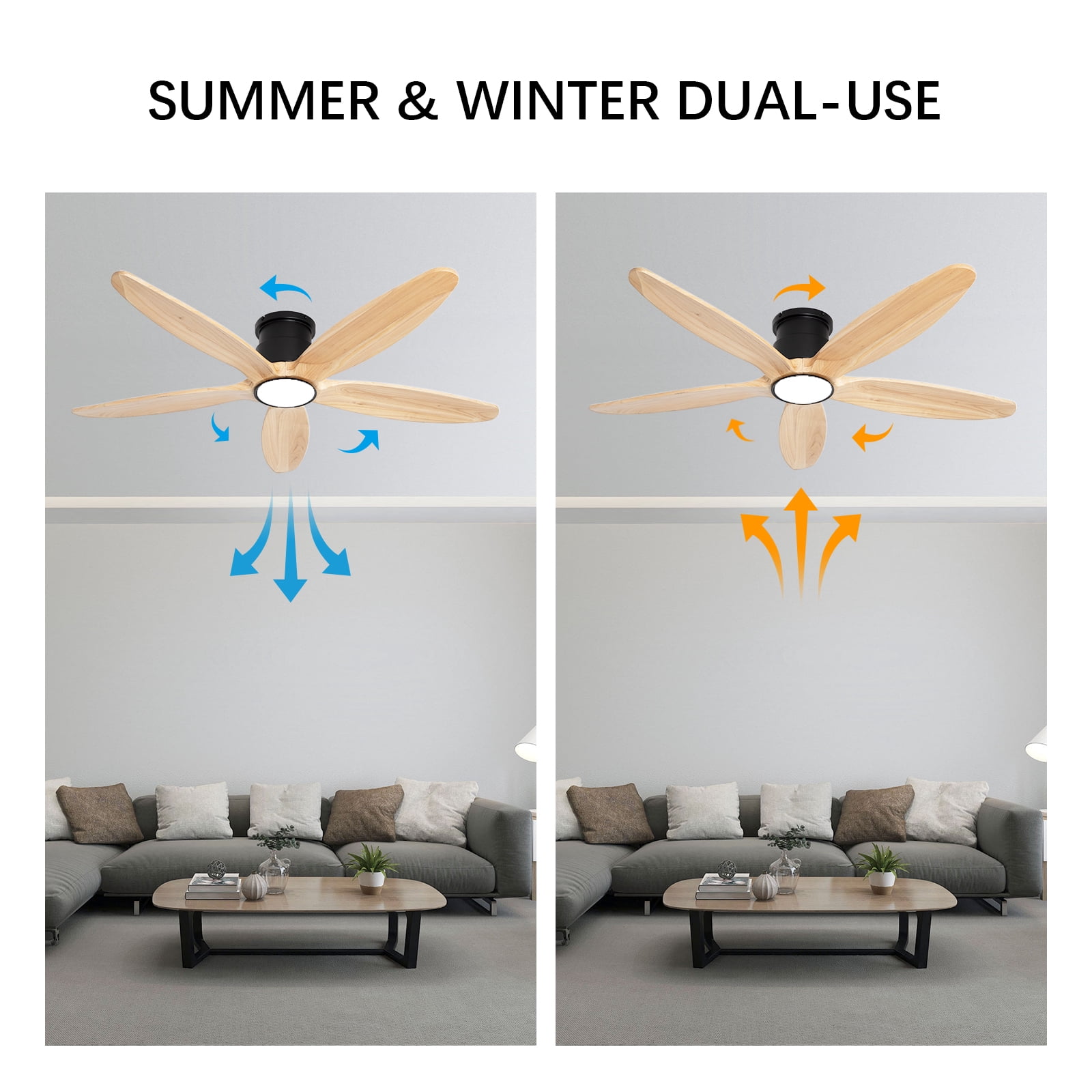 Wozzio 52 Inch Flush Mount DC Ceiling Fan with Lights And Remote, 5 Reversible Carved Wood Blades, 6-Speed Noiseless DC Motor, Suitable for Bedroom, Living Room, Office And Other Indoor Places