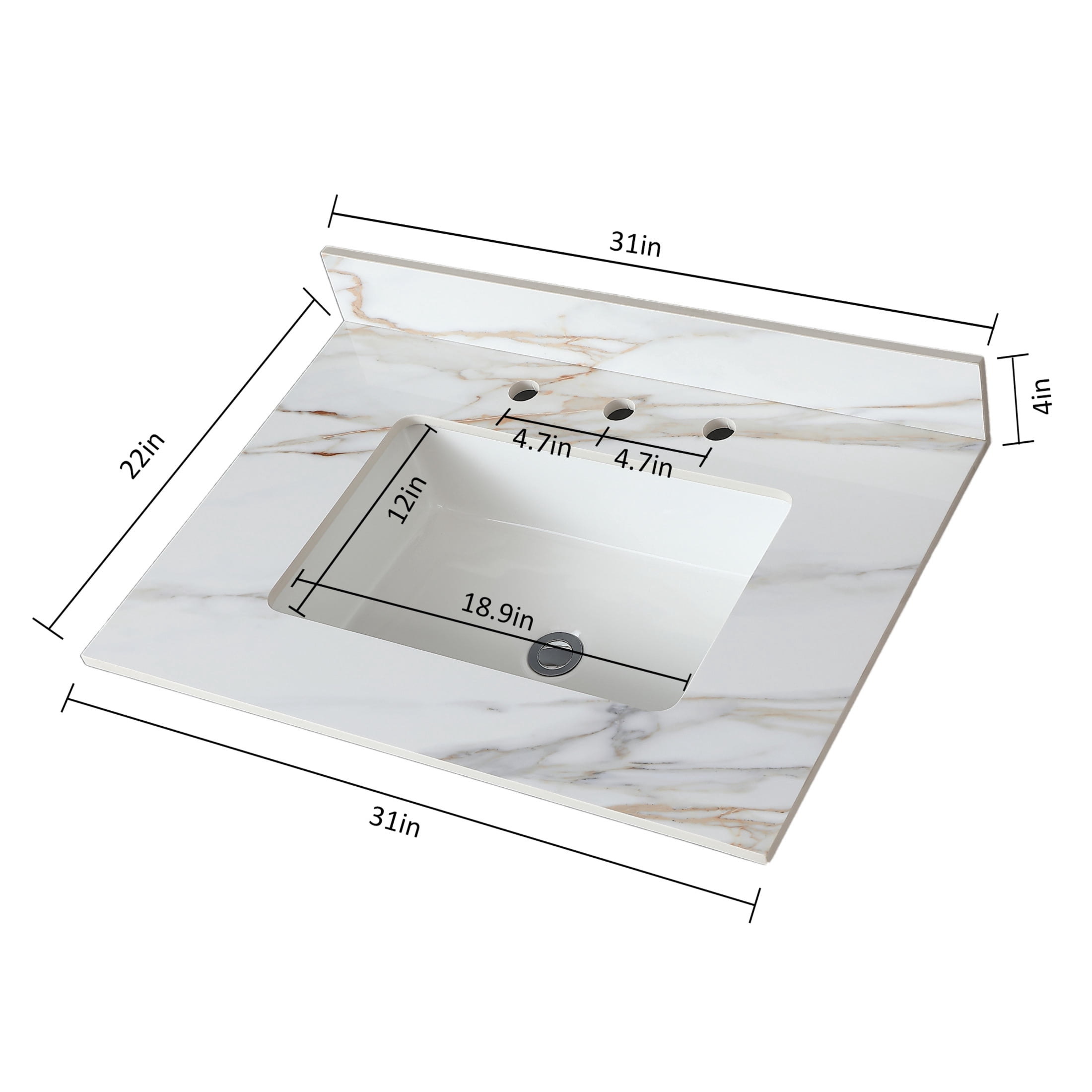 Noble House 31-Inch Bathroom Vanity Top with Undermount Sink, Backsplash, 3 Pre-Drilled Faucet Holes, White