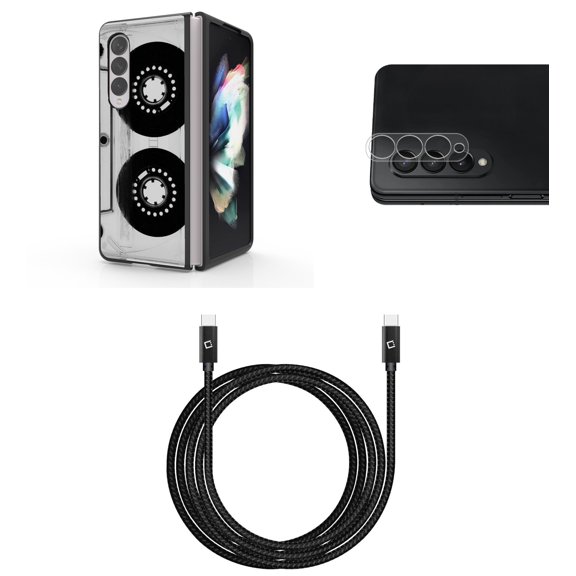 Accessory Bundle for Galaxy Z Fold 4: Slim Snap-On Case (Retro Cassette Tape), Rear Camera Glass Protector, Nylon Braided USB-C to USB-C Cable (4 Feet)