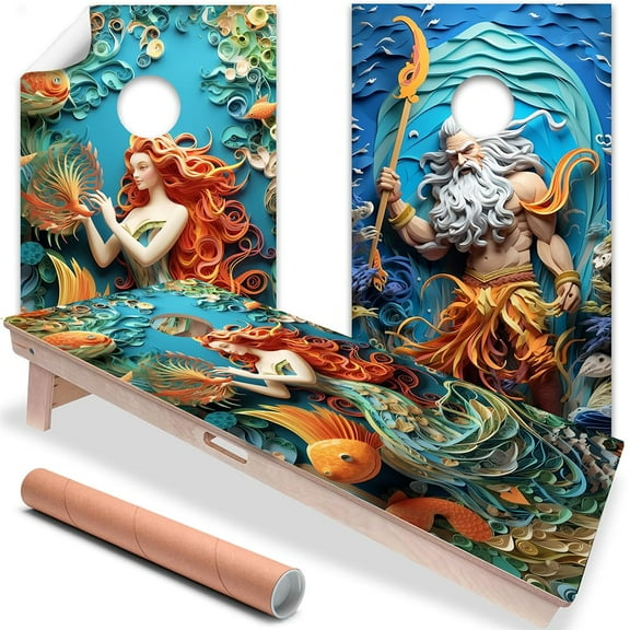 Cornhole Board Wraps and Decals for Boards Set of 2 Skins Professional Vinyl Covers Cornhole Wraps Stickers Mermaid and Neptune Mythology Inspired Beach House Cornhole Skins Cornhole Wraps for Boards