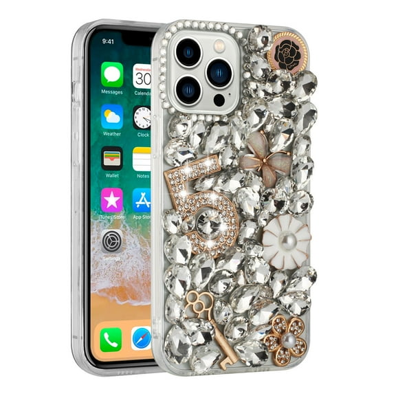 For Apple iPhone 13 Pro Bling Crystal 3D Full Diamonds Luxury Sparkle Rhinestone Hybrid Protective Cover ,Xpm Phone Case [ Five Ornament Floral ]