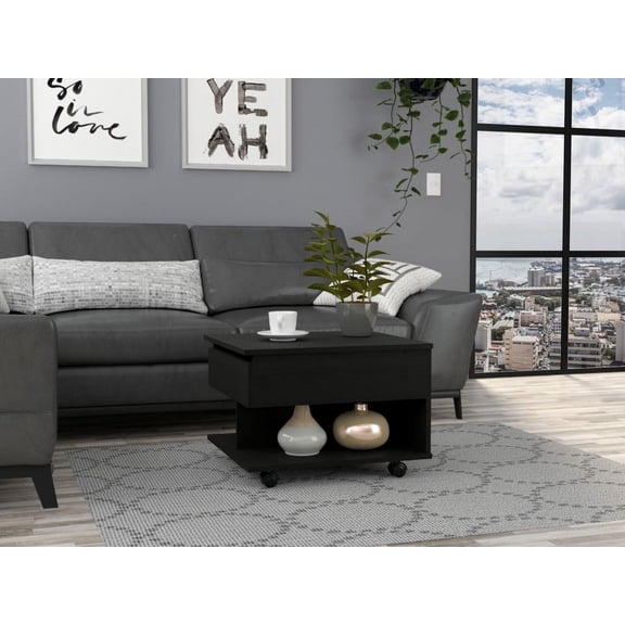 22" Black Manufactured Wood Rectangular Lift Top Coffee Table With Drawer