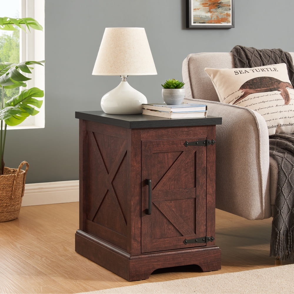 Tcbosik 21.6" Side Table with Barn Door, Rustic End Table with Adjustable Shelf, Small Nightstand for Bedroom, Living Room, Easy Assembly, Oak