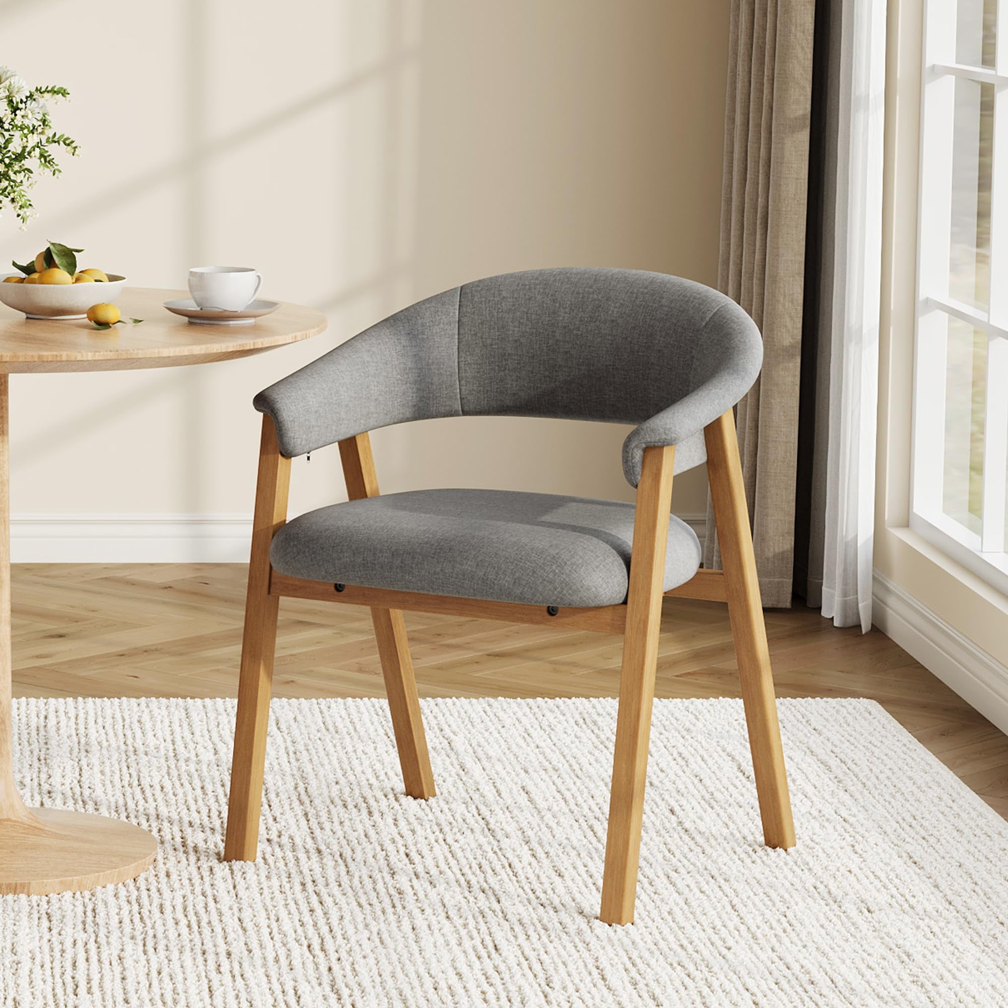 Modern Upholstered Dining Chair with Arms – Linen Fabric Accent Armchair – Curved Backrest – Solid Wood Legs – Comfortable for Kitchen & Dining – Farmhouse Style – Gray Linen – 1pc