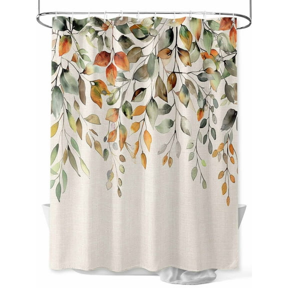 Fsddascl Orange Green Eucalyptus Leaves Shower Curtain Set - 54" x 78" Washable Bathtub Curtain with 12 Hooks, Fall Botanical Rustic Waterproof Fabric Stall Shower Curtains for Bathroom/Bathtub