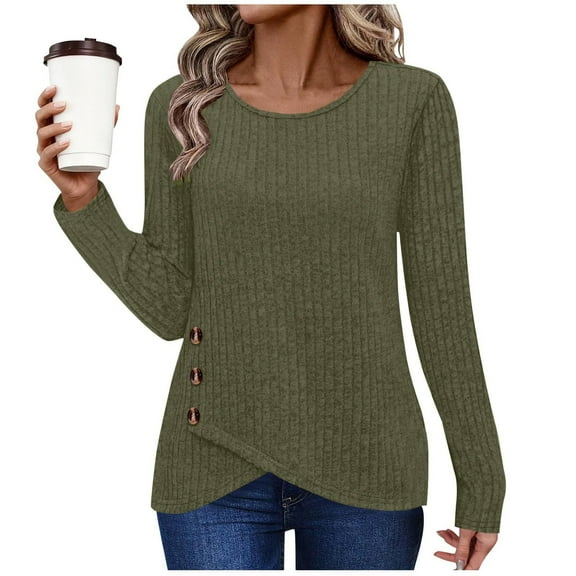 FAIWAD Long Sleeve Tops for Women Crew Neck Button Decor Knit Tunic Tops Casual Fall Winter Layering Blouse