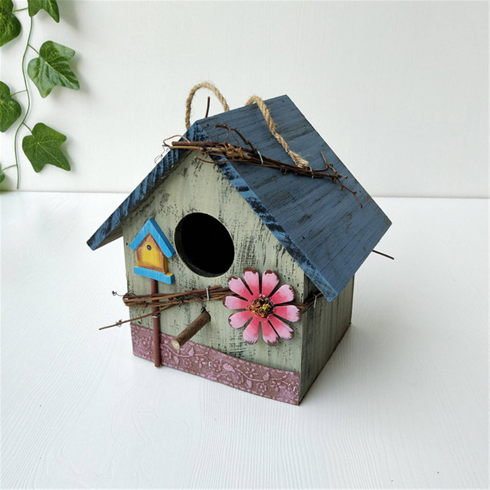 Wooden Bird House Birdhouse Hanging Nest Garden Box Hook Home for Children Feed 