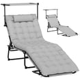 thumbnail image 1 of Folding Outdoor Lounge Chair with 90° Adjustable Canopy, 4-Position Reclining Tanning Chair with Headrest, Breathable Texteline Mesh, Steel Frame, Light Grey, Patio & Poolside, 1 of 7