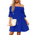 thumbnail image 5 of LLYwey Clearance Sales Cocktail Dresses for Women with Sleeves Casual Neck Puff 3/4 Sleeve Smocked Chest Off Shoulder Mini Dress New Casual Dresses Blue M, 5 of 9