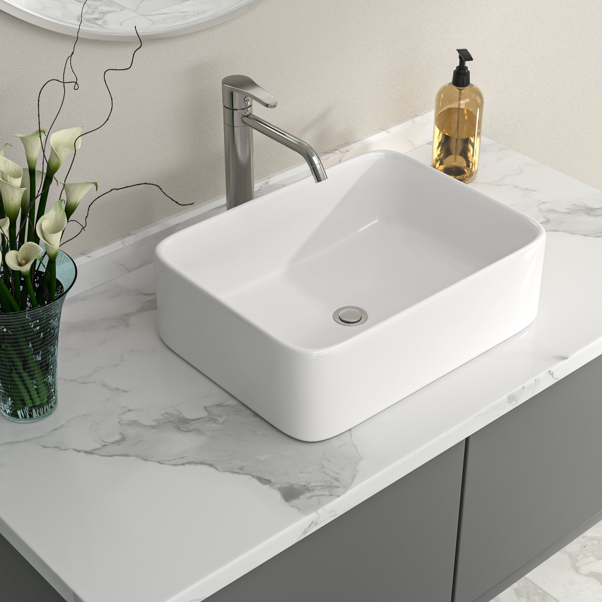 Logmey 16 in. x 12 in. Bathroom Vessel Sink Modern Rectangular Porcelain Ceramic Bowl Art Basin in White