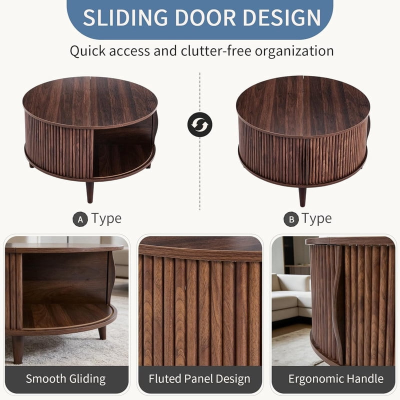 Kelno 31 Inch Round Coffee Table Mid Century Fluted Center Table with Sliding Door,Brown