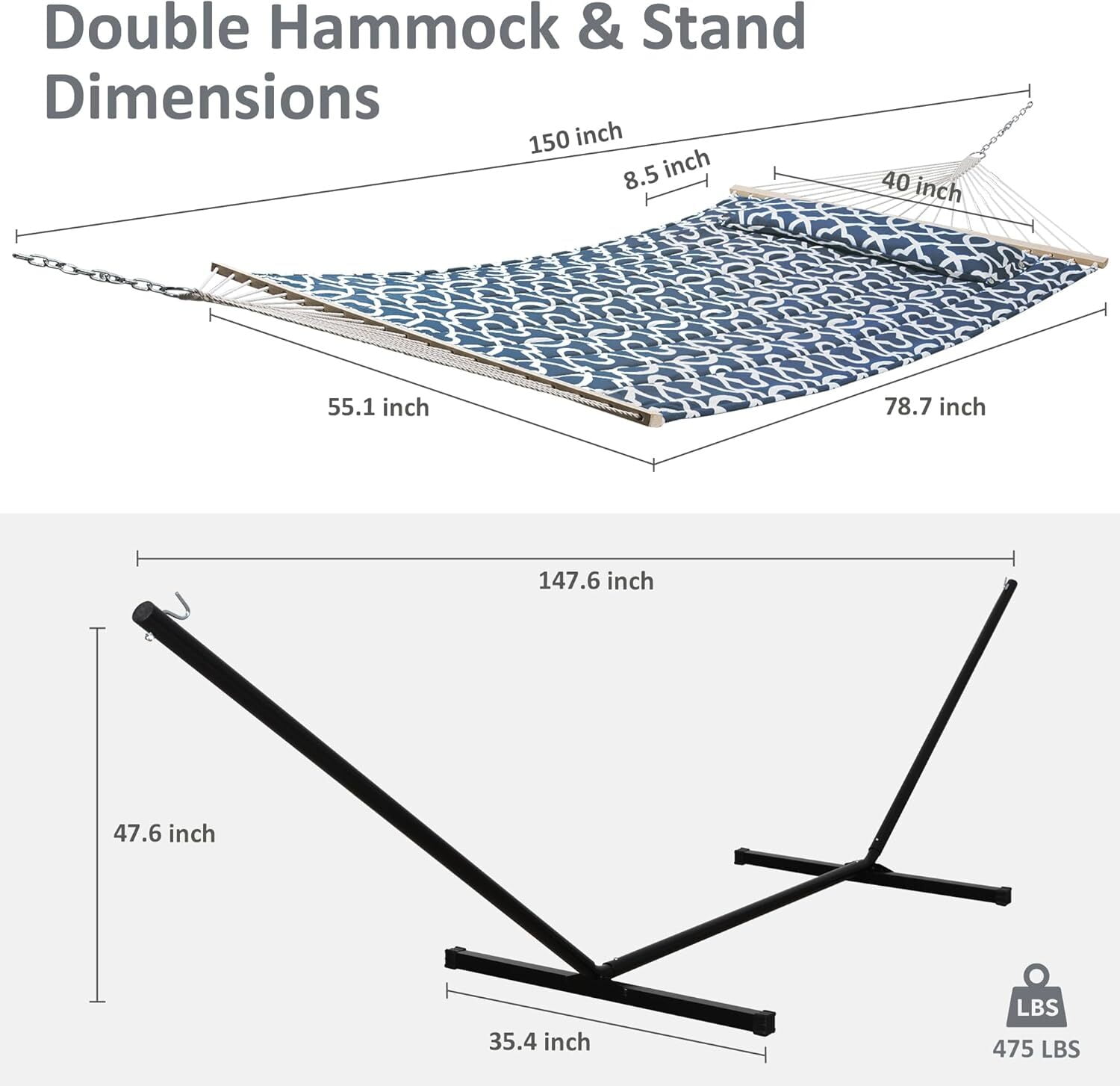 SUNCREAT Polyster Two Person Hammock with 12 ft. Stand, 475 lbs Capacity, 44.1” (H), Blue Pattern