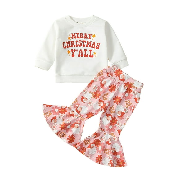 Toddler Baby Girl 2Pcs Christmas Outfits Long Sleeve Sweatshirt Tops Santa Flare Pants Set