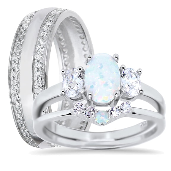 LaRaso & Co Wedding Ring Set His Hers Sterling Silver Opal CZ Engagement TRIO Set Him Her 5/9