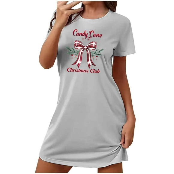 Shorts for Women, Women's Christmas Pajamas, Women's Christmas Plus Size Short Nightgown with Printed Round Neck and Short Sleeves The Chest