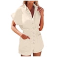 thumbnail image 1 of Shorts d'Été pour Femmes à Col Rabattu, Manches Courtes, Jambe Droite, Combishort avec Poche, Shorts de Gym pour Femmes Beige m, 1 of 4