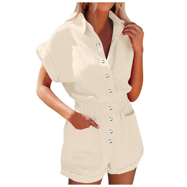 Shorts d'Été pour Femmes à Col Rabattu, Manches Courtes, Jambe Droite, Combishort avec Poche, Shorts de Gym pour Femmes Beige m