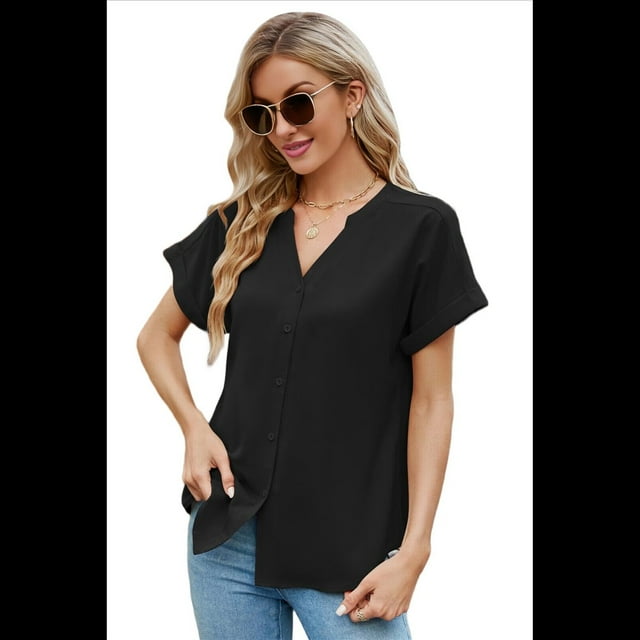Camisetas de Mujer con Cuello en V y Botones, Corta, Corte Holgado, Informales, de Verano, Negras, Talla M
