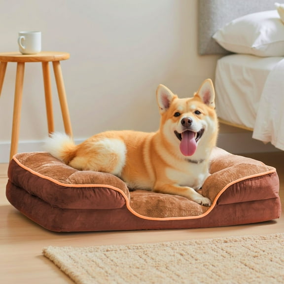 Dog Bed for Small Medium Dogs and Cats, Washable Calming Donut Pet Bed, Anti-Slip Round Fluffy Plush Faux Fur,Brown