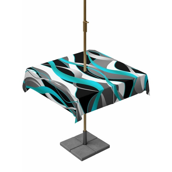 Outdoor Tablecloth with Umbrella Hole and Zipper, Aqua Stripe Waterproof Patio Tablecloth for Dining 54''x54'', Ombre Grey Moire Geometric Modern Abstract Wipeable Table Cover for Picnic BBQ Party