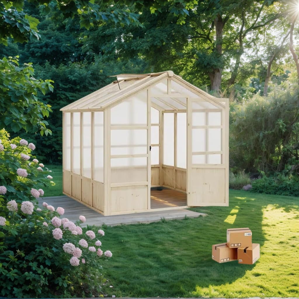Large Outdoor Greenhouse, Heavy Duty Wooden Hothouse with Polycarbonate Panels & Lockable Door - Sturdy Wood Frame Garden Conservatory with Adjustable Roof Vent, for Yard, Gardening