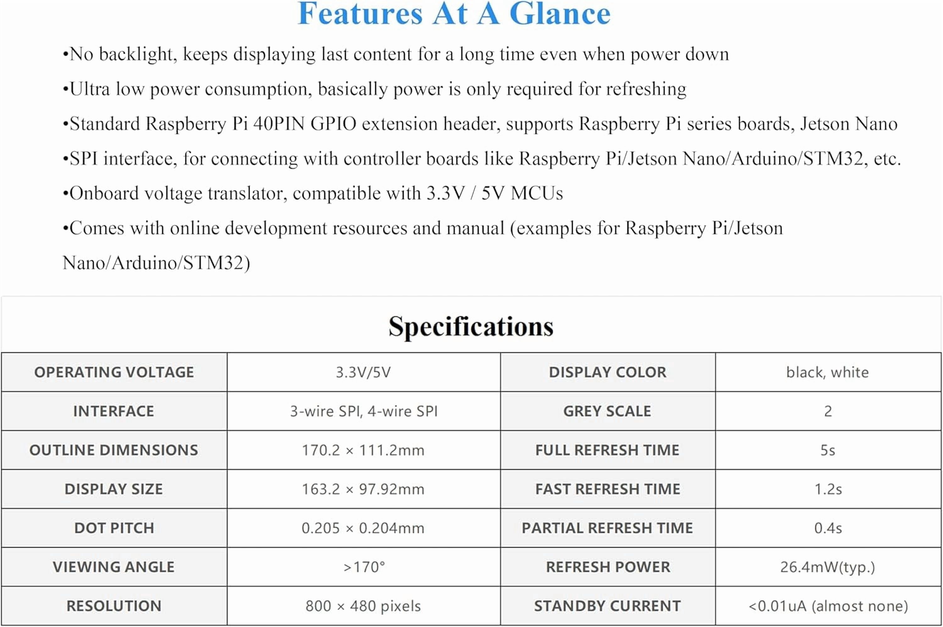 7.5inch e-Paper HAT Compatible with 5/4B/3B+/Zero/Zero W/Zero 2W/Pico/Pico W/Pico 2/Pico 2W/Jetson Nano, 800×480 Resolution 7.5inch E-Ink Display HAT, SPI Interface,Black White Two-Color