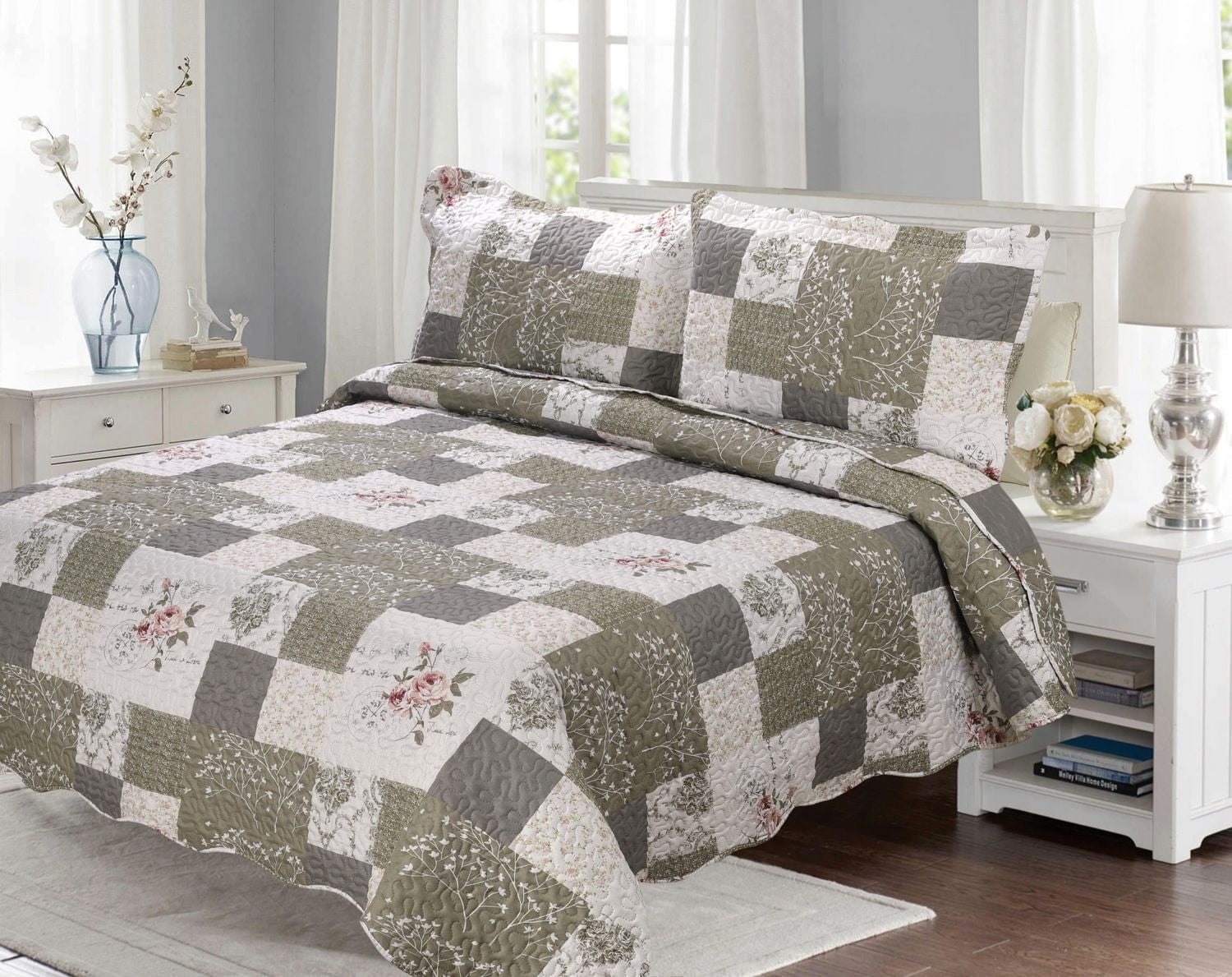 Marina Decoration Rich Printed Embossed Pinsonic Coverlet Bedspread Ultra Soft Bedding Summer Quilt Set with Shams, Rose Floral and Branch Plaid Pattern