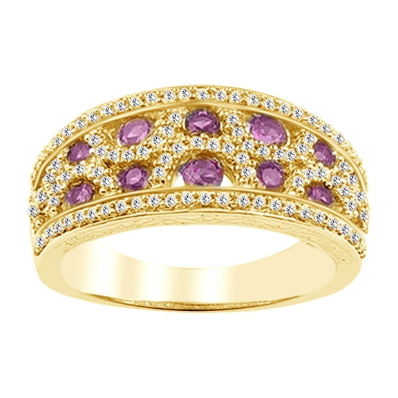 AFFY Round Cut Simulated Pink Sapphire & White Cubic Zirconia Band Ring In 10k Yellow Gold (0.5 cttw), Ring Size-4