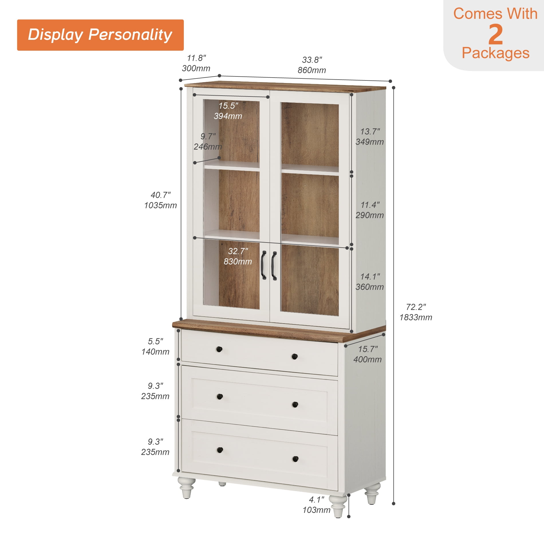 White 5-Tier Bookcase with Glass Doors, Bookshelf with 3 Drawers, Farmhouse Library Wooden Bookshelves for Living Room, Office, Kitchen