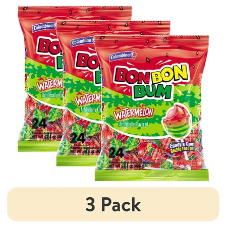 (3 pack) Bon Bon Bum Fruity Lollipop with Bubble Gum Center, 12 Count