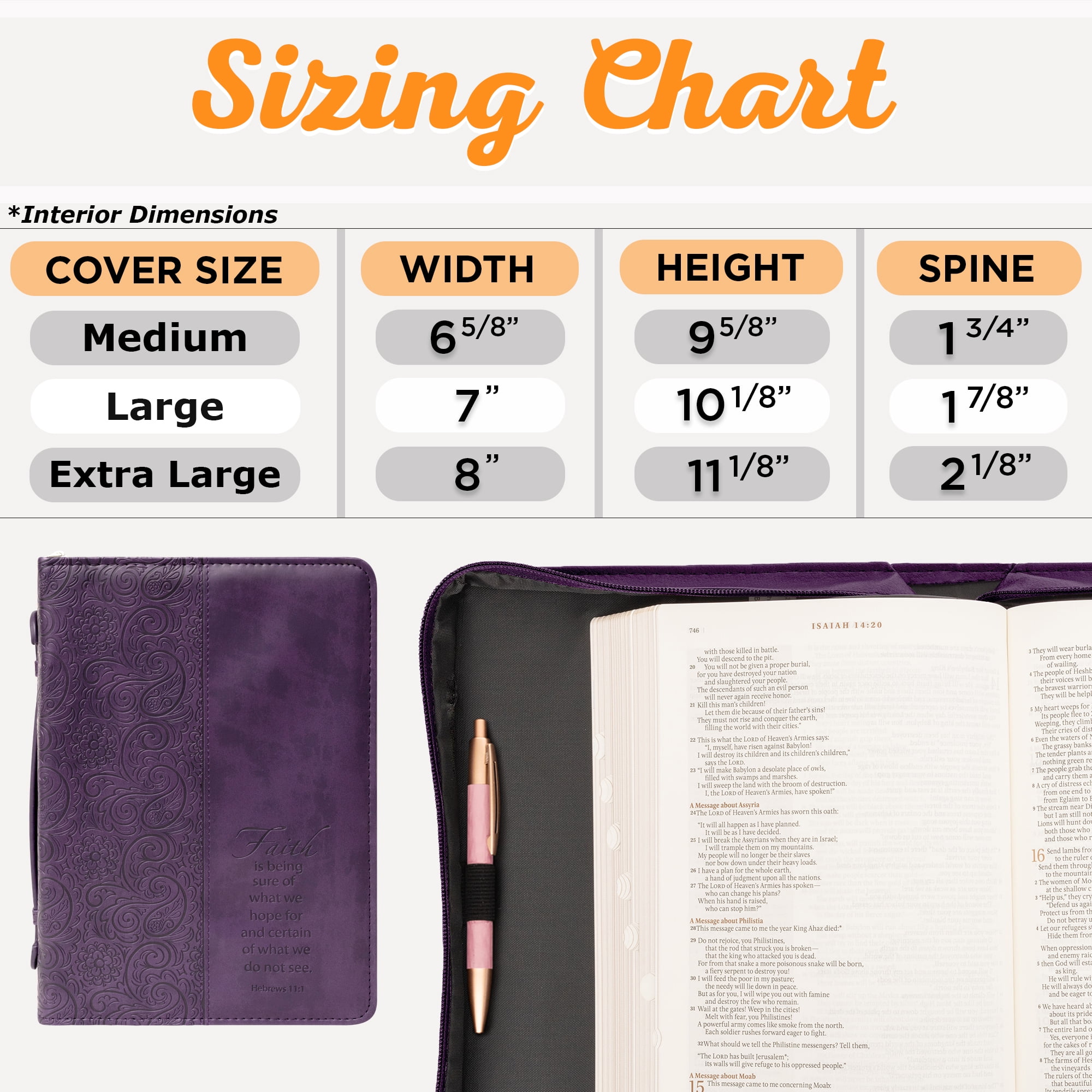 Christian Art Gifts Purple Faux Leather Bible Cover for Women  Faith Purple Paisley- Hebrews 11:1  Zippered Case for Bible or Book w/Handle, Large Christian Art Gifts