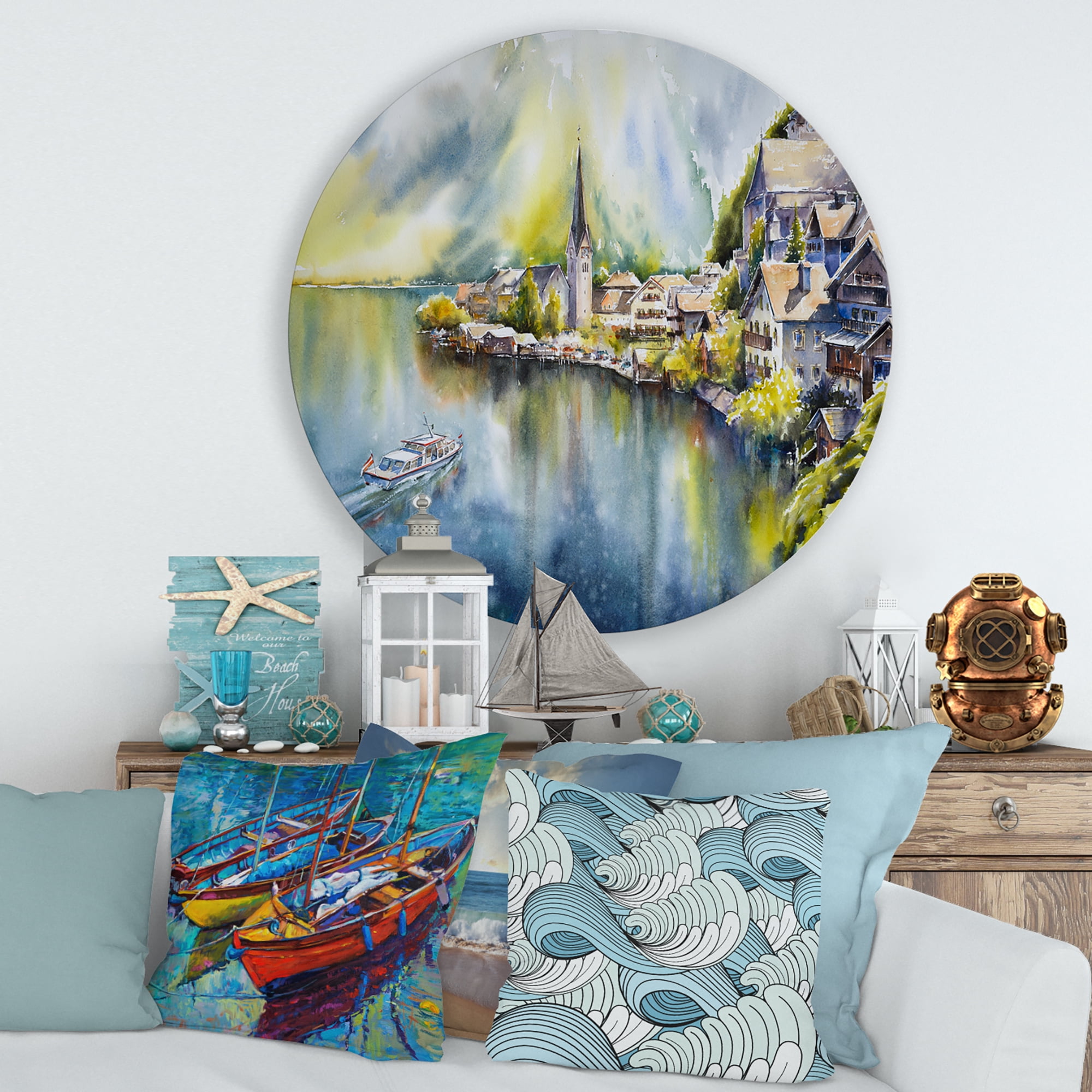 Designart 'The River In Austria Through Mountain Village' Nautical & Coastal Circle Metal Wall Art 36x36 - Disc of 36
