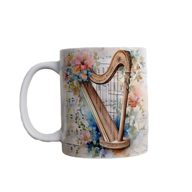 Taza de cerámica con diseño floral y arpa de 350 ml con temática musical
