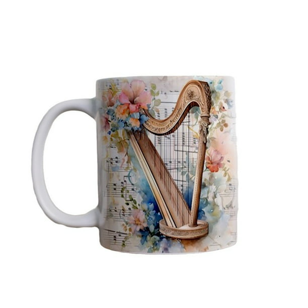Taza de cerámica con diseño floral y arpa de 350 ml con temática musical