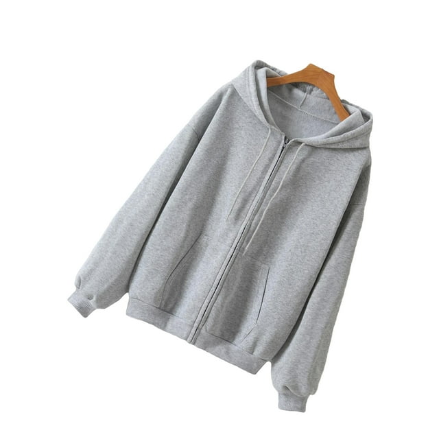 Casual Plain Hooded Zip Up Long Sleeve Light Grey Women Sweatshirts ...