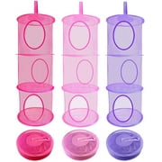 JXFWELS 3Pcs Foldable Hanging Stuffed Animal Storage Mesh Space Saver Bags Organizer,Foldable Suspension Storage 3 Compartments Toy Storage Organize for Kid Room Toys, Hats,Socks Storage - pink+lila+rosarot