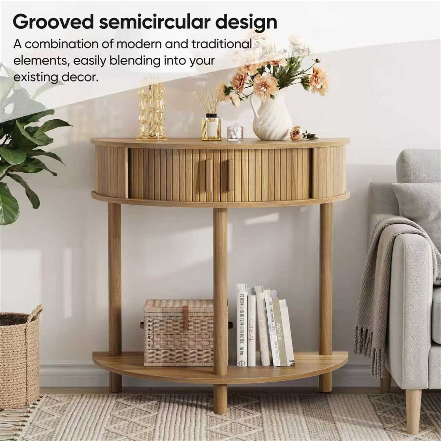 Hommoo Farmhouse 31.5" Grooved Half-Moon Console Table, Modern Entryway Table Sofa Table for Hallway, Entryway Walnut