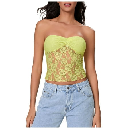 2DXuixsh Women s Tube Tops Going Out Bandeau Strapless Tank Bustier Corset Lace Tube Tops Backless Floral Mesh Bandeau Crop Top Patchwork Outfits Tops Yellow Size L