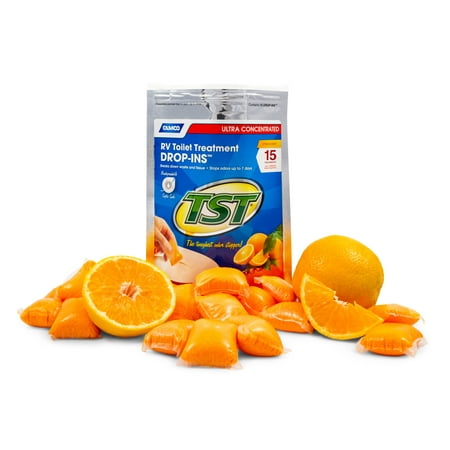 Camco TST Ultra-Concentrated Orange Citrus Scent RV Toilet Treatment Drop-Ins, Formaldehyde Free, Breaks Down Waste And Tissue, Septic Tank Safe, 15-Pack