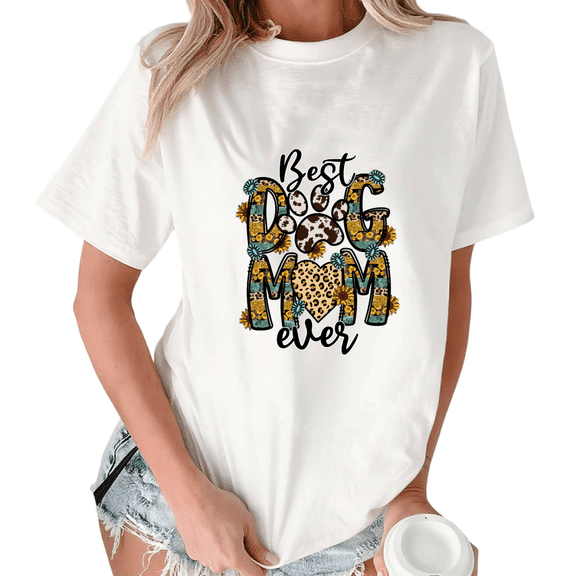 White Best Dog Mom Ever Sunflower Leopard Paw Print Tshirt Graphic Tees Shirts Mother's Day Pet Lover Classic S-5XL Tops