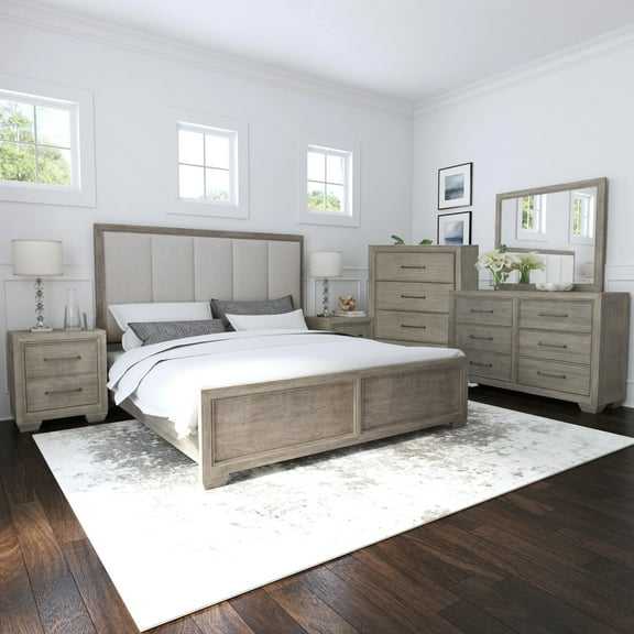 Ennesley Gray Wood Bedroom Set with Upholstered Panel King Bed, Dresser, Mirror, 2 Nightstand, and Chest