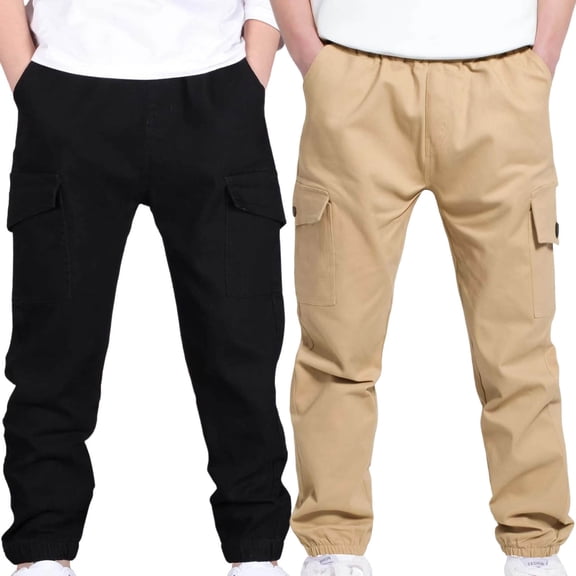 Eiyaclvo 2 Pack Boys Cargo Sweatpants Baggy Casual Straight Leg Jogger Pants Elastic Waisted Hiking Jogger Sweatpant Back to School Clothes for Boys