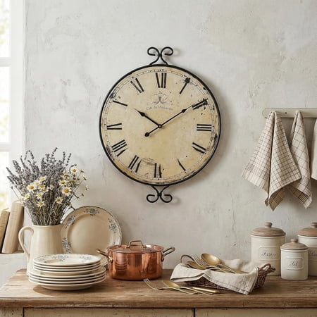 MODE HOME 17 Inch Vintage Wrought Iron Wall Clock, Retro Gold Finish, Silent & Battery Operated Decorative Clock for Living Room, Kitchen, Bedroom