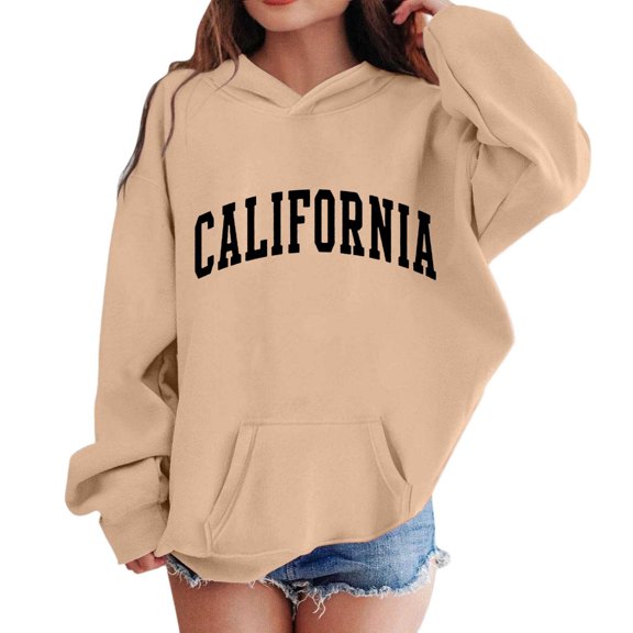 Telankuip Oversized Hoodies for Girls Trendy California Letter Printed Pullover Hooded Sweatshirts Long Sleeve Casual Loose Drawstring Pullover Tops Kid's Workout Preppy Style Khaki 7-8 Years