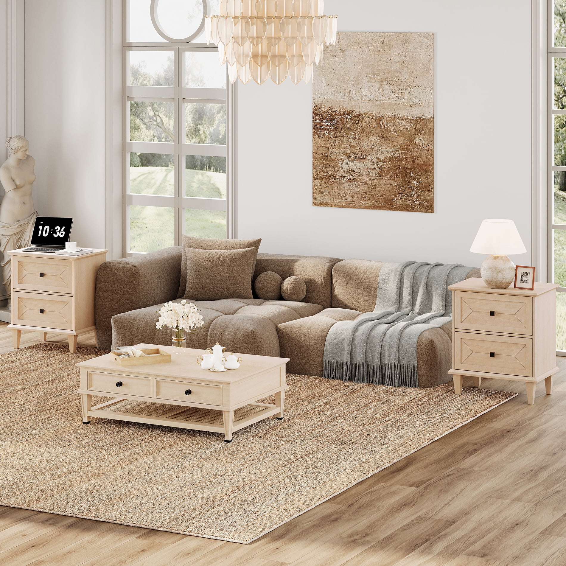 WAMPAT Nightstand with Charging Station, Modern Farmhouse Bedside Table with Storage Drawers & Solid Wood Legs, Beige End Table for Bedroom Living Room, Light Beige