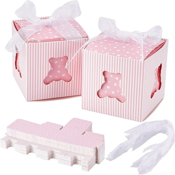 60 cajas de dulces para baby shower, cajas plegables con forma de osito, caja de regalo de papel rosa con cinta, ideal para fiestas de cumpleaños.