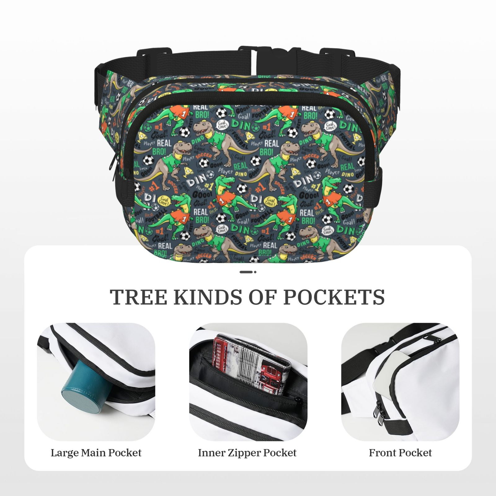 Kdxio Dinosaur Plays Soccer Crossbody Double Layer Waist Bag Belt Bag for Unisex Fanny Pack Fashion Waist Packs for Hiking Running Shopping Traveling