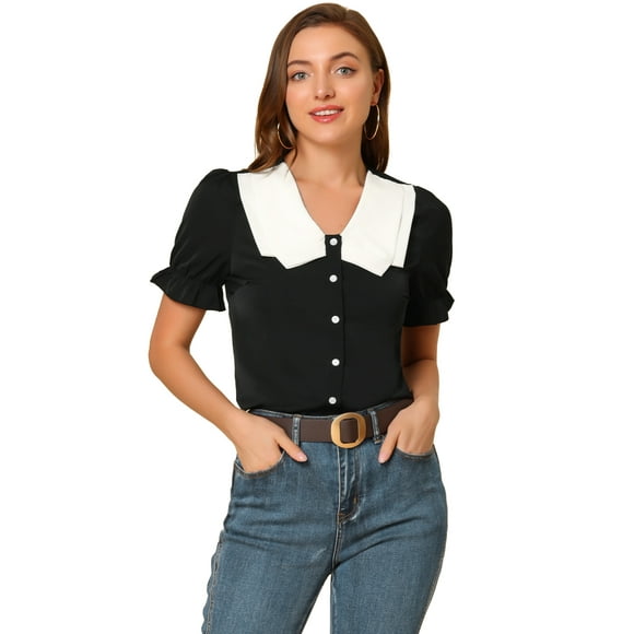 INSPIRE CHIC Women's Contrast Peter Pan Collar Summer Casual Puff Short Sleeve Blouse